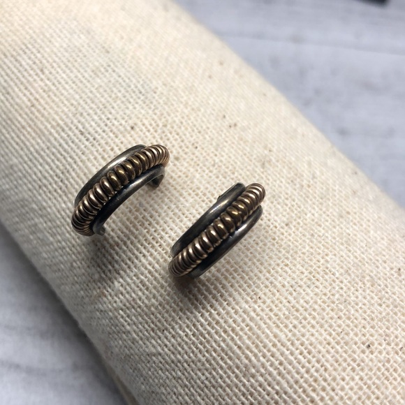 Vintage sterling silver 925 and brass mesh wire textured half hoop earrings. - Picture 2 of 7